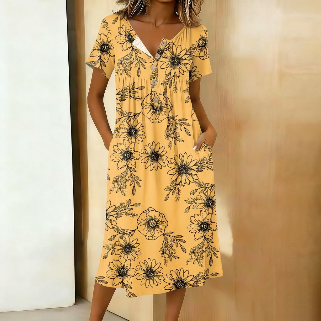 Dámské módní retro tištěné kulatý výstřih krátký rukáv knoflíky střední délka ležérní šaty
