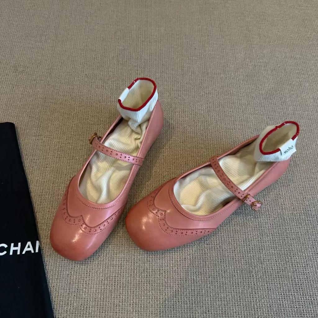 Sheepskin Version~ Genuine Leather French Retro Brock Engraved Mary Jane Small Leather Shoes Women's Versatile Flat-bottomed Shallow Mouth Single Sho