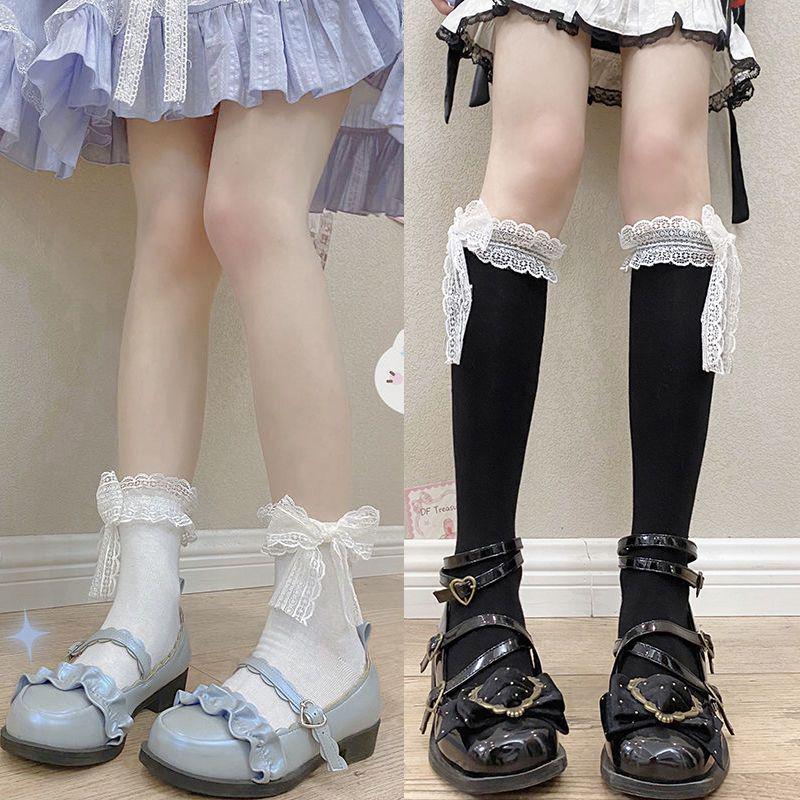 Japanese Lolita Soft Lace Mid-Tube Socks: Breathable Bow-Design Calf Socks for Women