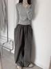 Women's Slim-Fit Retro Gray Cotton Long-Sleeve T-Shirt - Flattering Shoulders, Solid Color, Ideal for Early Autumn Layering