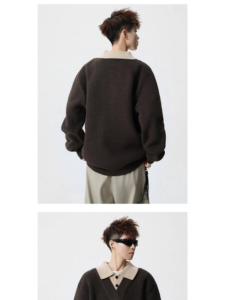 Men's American Retro Faux Two-Piece Polo Collar Sweater - Autumn/Winter Clean Fit Loose Casual Knitwear