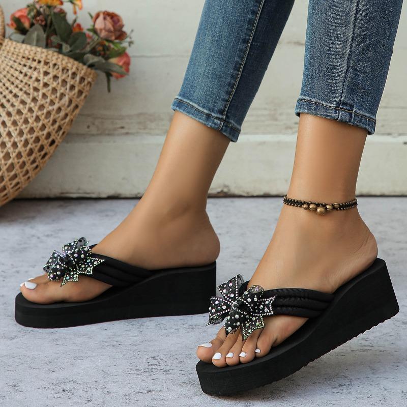 Mid Heel Wedges Modern Slippers Summer Outside 2025 High Quality Shoes Female Butterfly-knot Solid Novelty Women's Slippers