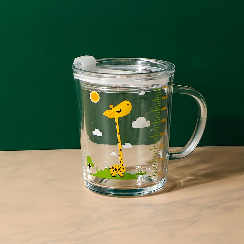 High Quality Kids Straw Cup with Lid and Handle Cute Glass Tumbler with Scale for Water Tea Milk Coffee Elephant Cartoon Pattern