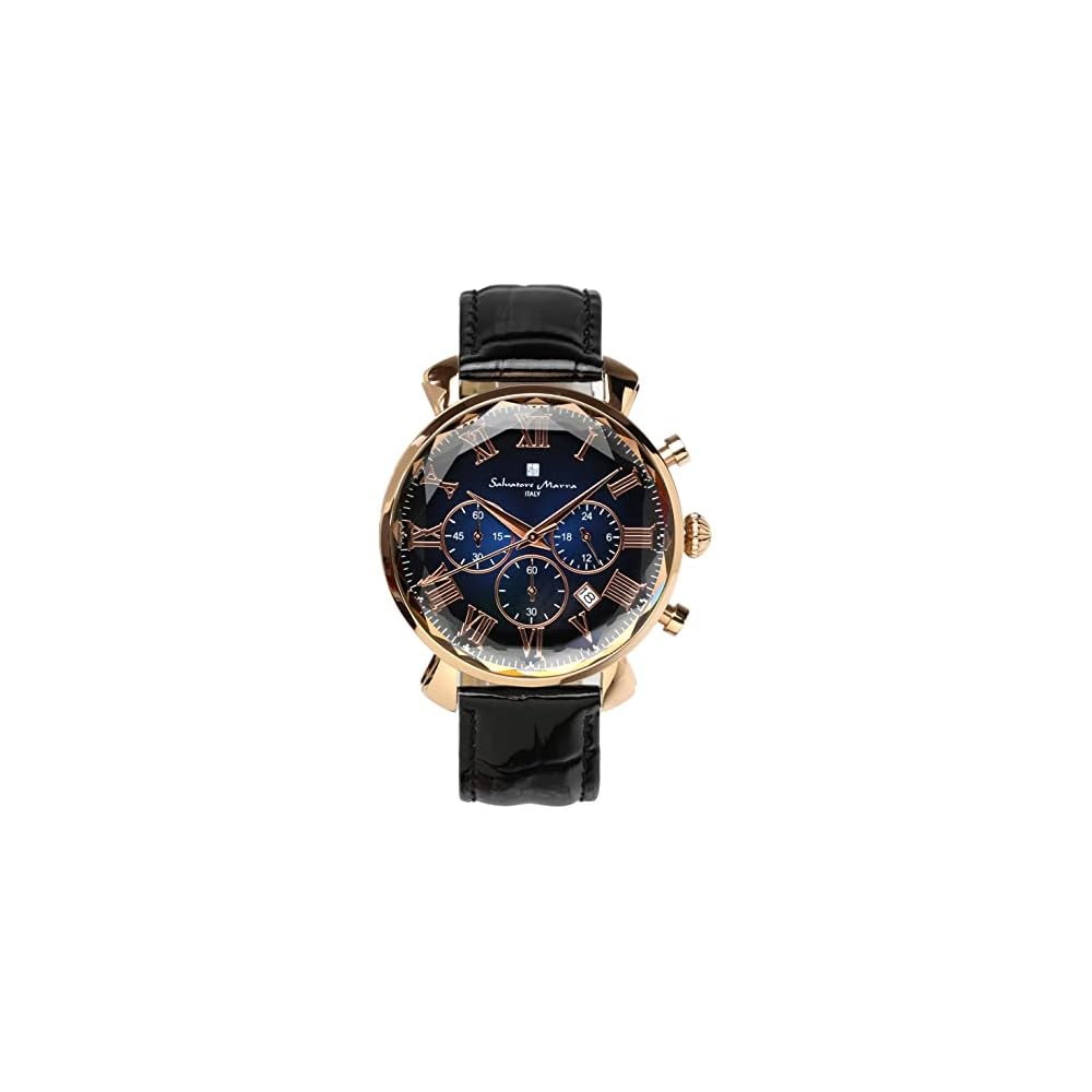 Salvatore Marra Chronograph Watch Multi-Faceted Glass Leather Strap Men s Green Blue Black