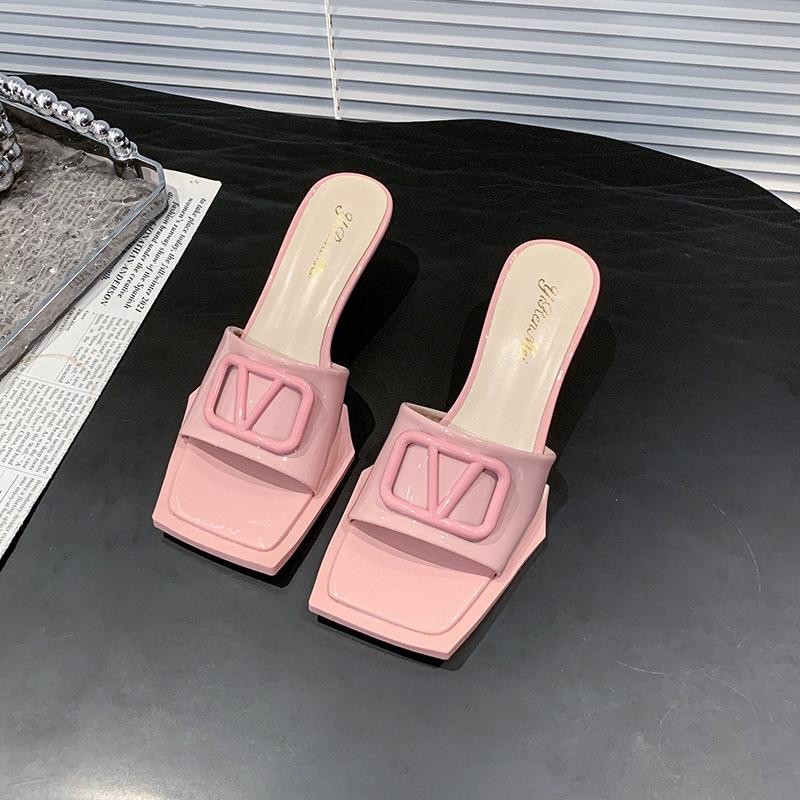 2025 summer new square head high-heeled slippers thin-heeled patent leather one-word slippers daily commuter high-heeled slippers