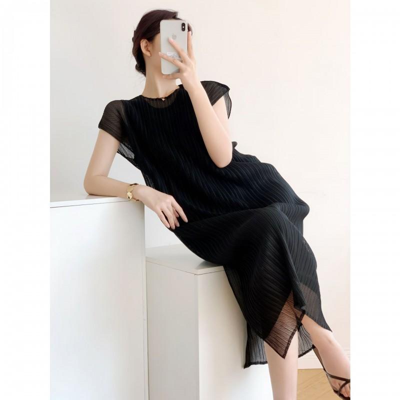 Elegant Pleated Mesh Overlay Dress Womens Loose Fit U-Neck Midi Sleeveless Office Chic