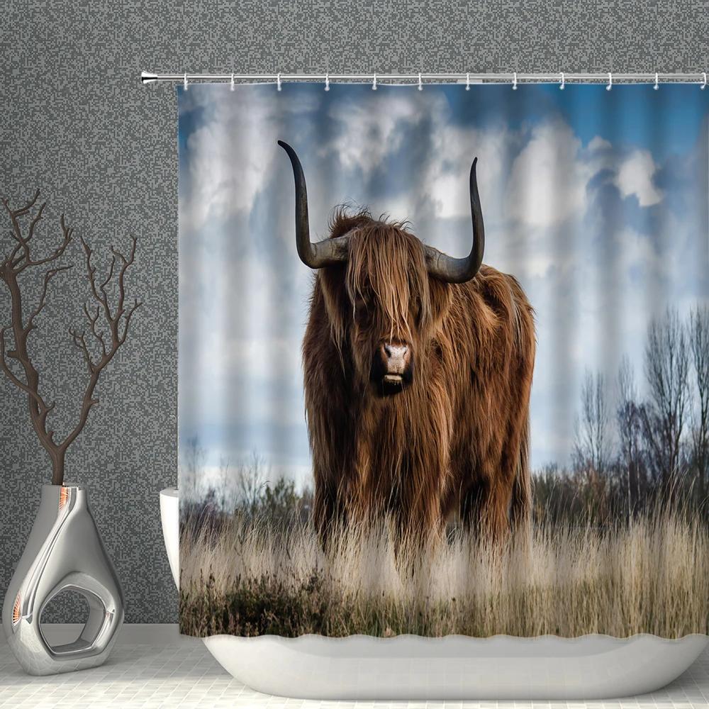 Animal Cow Shower Curtains Art 3D Printing Long Yak In The Grass Natural Scenery  Bath Curtain Polyester Cloth Bathroom Decor