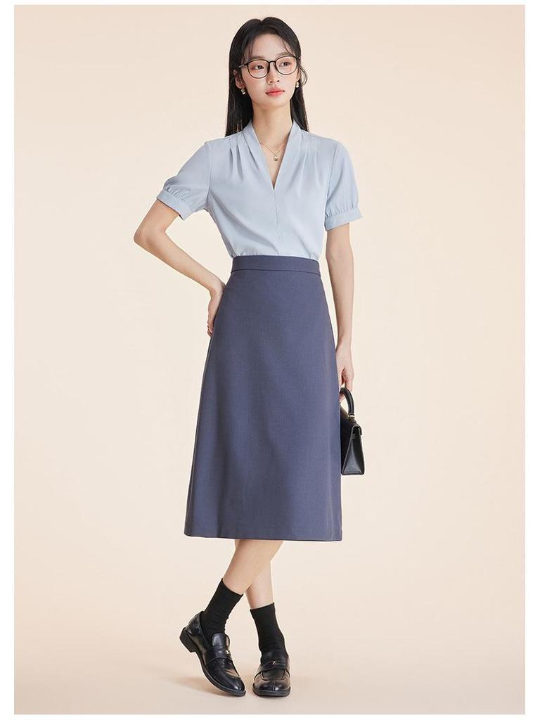 Women's Professional Short Sleeve V-Neck Satin Blouse - Iron-Free, Wrinkle-Resistant, Blue.