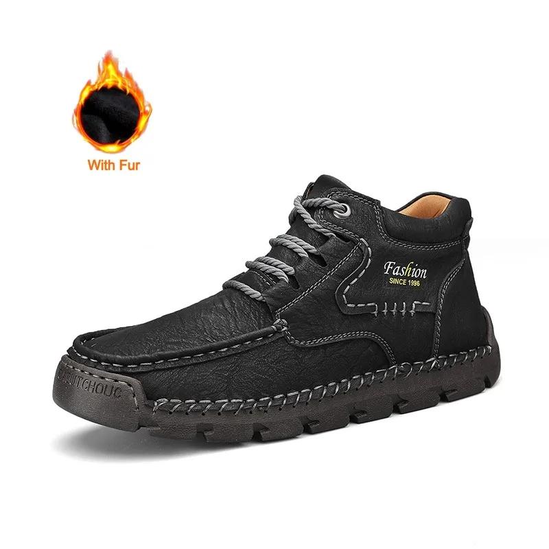 New Mens Ankle Boots High Quality Leather Warm Boots Comfortable Retro Outdoor Boots Lace Up Hiking Sneakers Men Casual Shoes