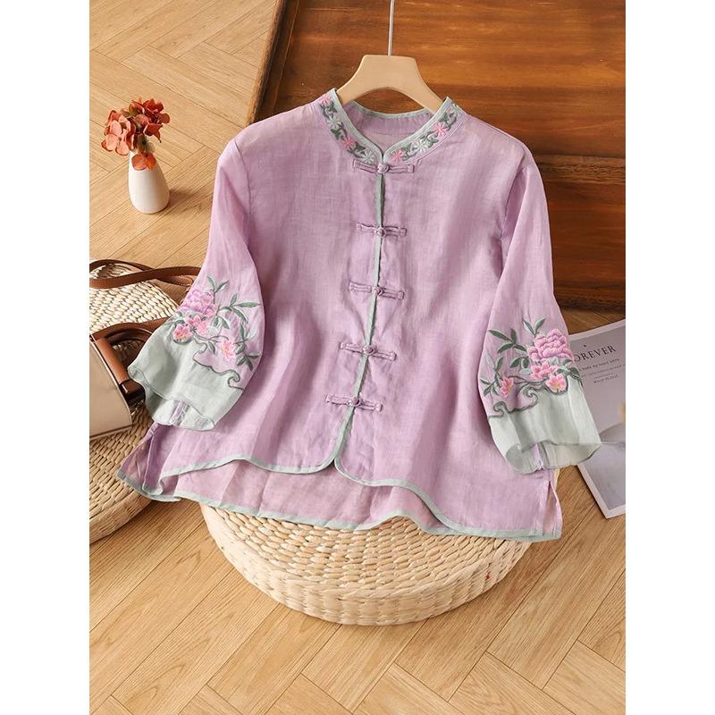 Summer cotton and linen artistic embroidered shirt women's button-down shirt slimming cropped top