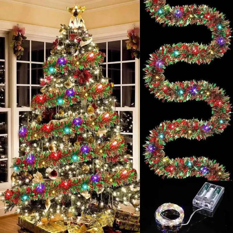 5M LED Metallic Tinsel Garland - Premium Thick Christmas Tree Hanging Decor with Battery-Operated Lights for Home/Party Decor