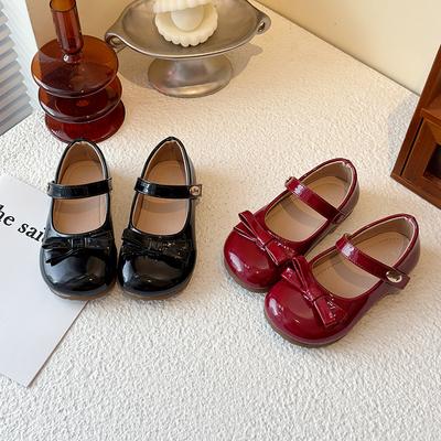 Girls Leather Shoes Black Glossy Kids Princess Shoes Round Toes Simple Bows 2025 New Girls Flats Non-slip Soft Sole Ins Trend