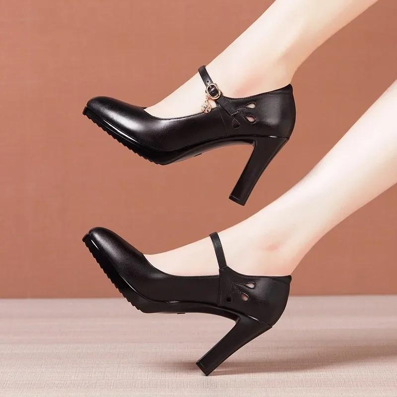 6 8 10cm Small Size 32-43 Shallolw Genuine Leather Shoes Mary Janes 2025 Fall Block High Heels Shoes Platform for Office Dress