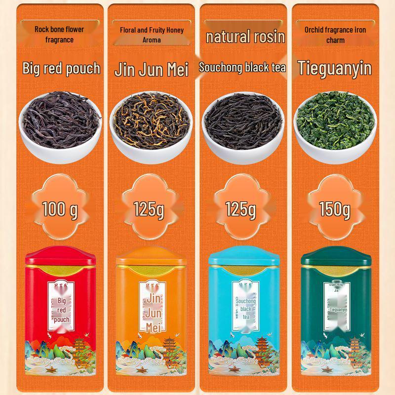 Premium Four Famous Teas Gift Box (500g) - Jin Jun Mei, Xiao Zhong Black Tea, Oolong Tea, Da Hong Pao, Tie Guan Yin