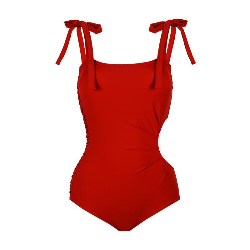 Vintage Red One-piece Swimming Suit Women's Triangular Hollow Out Sexy Racing Belly-covering Skin-looking Hot Girl Pure Desire Style Soak In