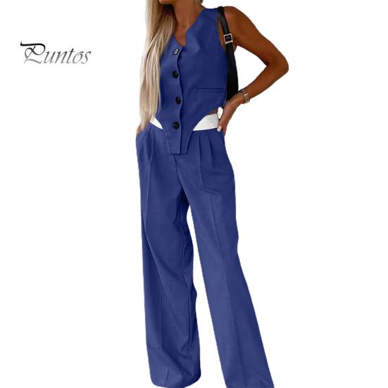 

2 шт./компл., женский топ, брюки, костюм без рукавов, с V-образным вырезом, однобортный жилет нестандартной формы, эластичные брюки с высокой талией, широкие брюки, однотонный формальный OL M синий