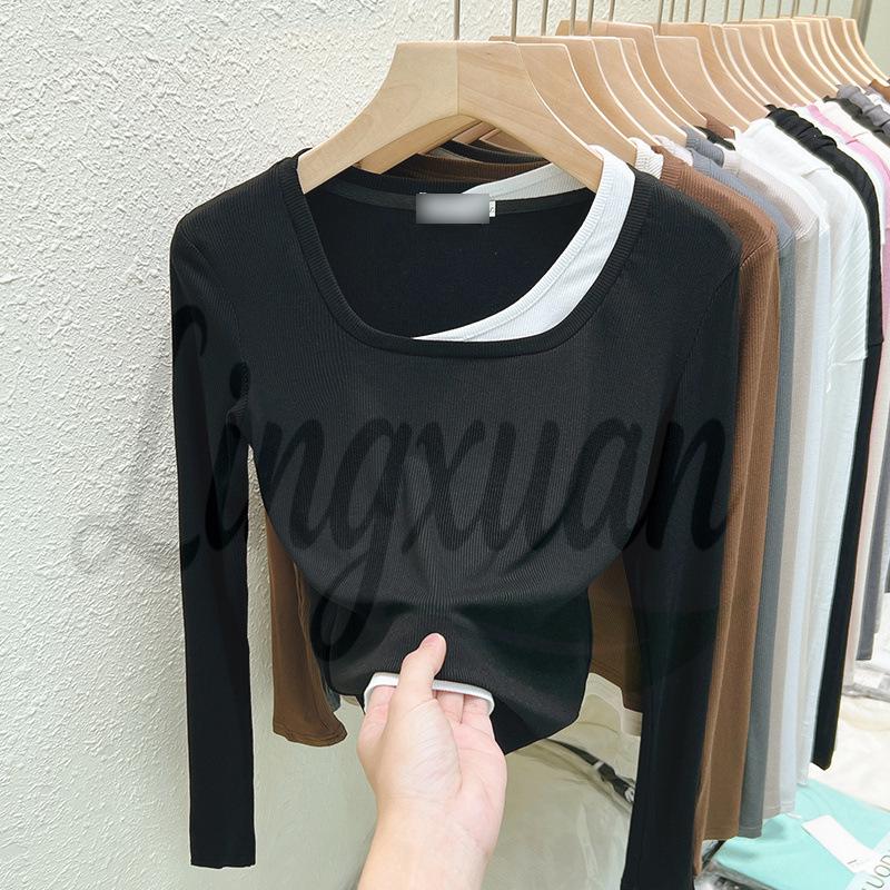 Stylish Korean Square Neck Faux Two-Piece Long-Sleeve Women's T-Shirt – Versatile Base Layer