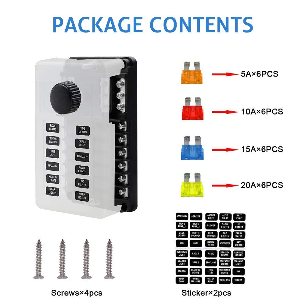 

Блок предохранителей для морских судов 12 В, водонепроницаемый, 12-контактный, с 12-контактной отрицательной шиной заземления [макс. 100 А] [предохранители ATC/ATO] [светодиодный индикатор] для автомобилей, автофургонов, грузовиков и т. д. 13.8*8.5*3.65cm