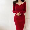 Koreanischen Stil Herbst Winter Frauen Pullover Kleid Schwarz Rot Aprikose Bodycon Feminine Midi All-Match-Strickkleid