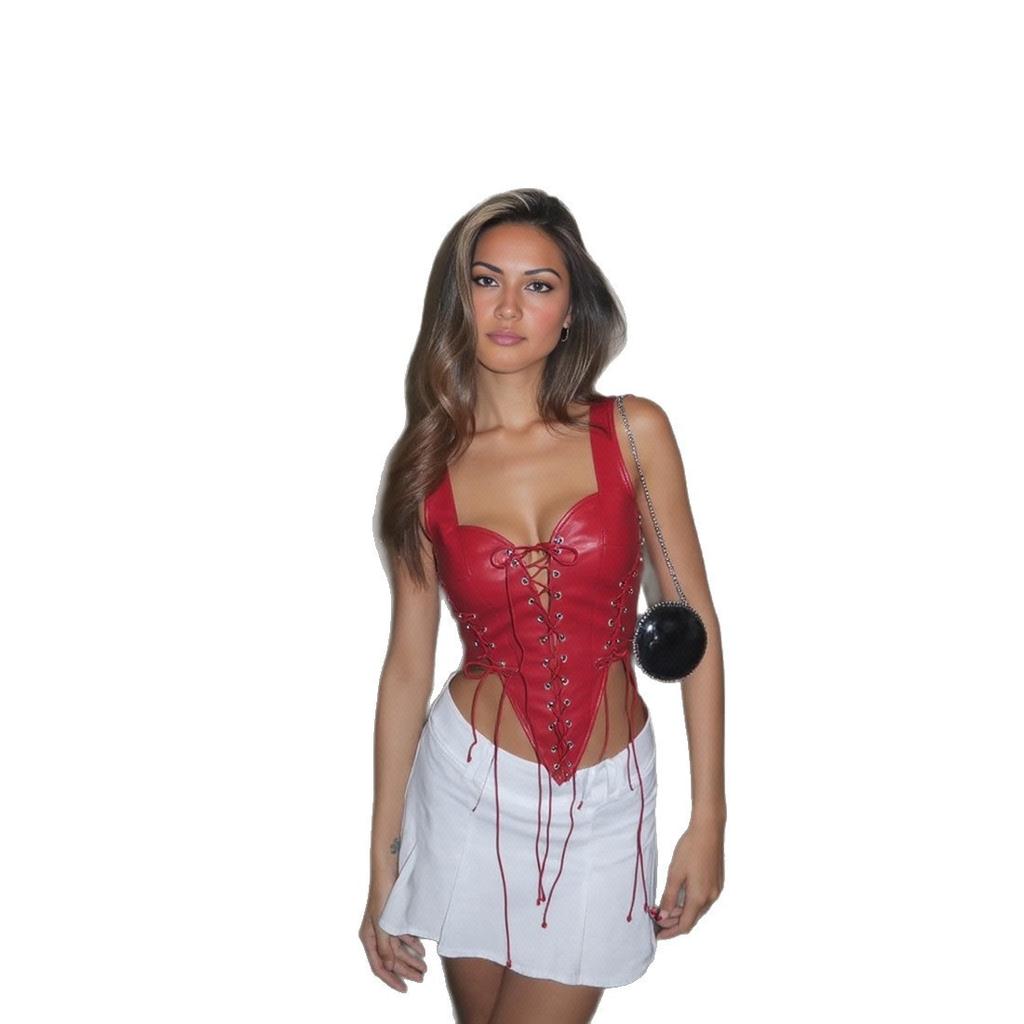 European and American style autumn new women's clothing fashion Spice Girls sexy hollow backless contrasting color straps PU leather small vest