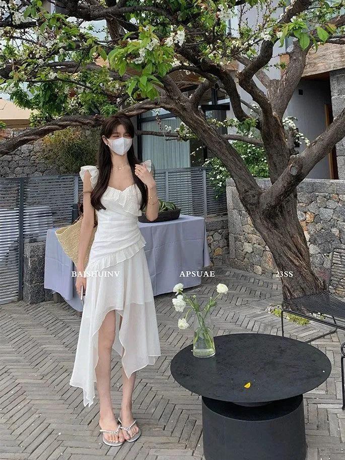 French floral suspender dress women's summer lotus leaf edge pinch waist skirt a word skirt irregular temperament long dress