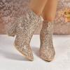 Fashion Full Diamond Block Heel Single Boots Women's Fashion Pointed Toe Rear Zipper Non-Slip Short Boots