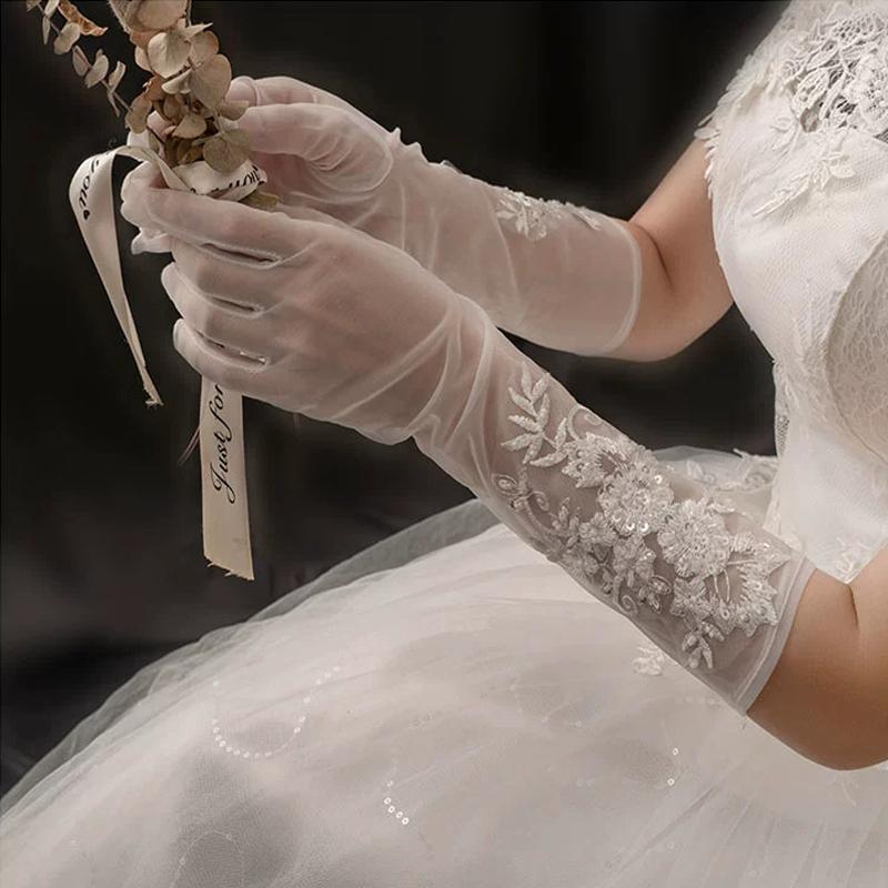 White Lace Long Beads Bridal Wedding Gloves Dress Etiquette Accessories Embroidered Tulle Gloves