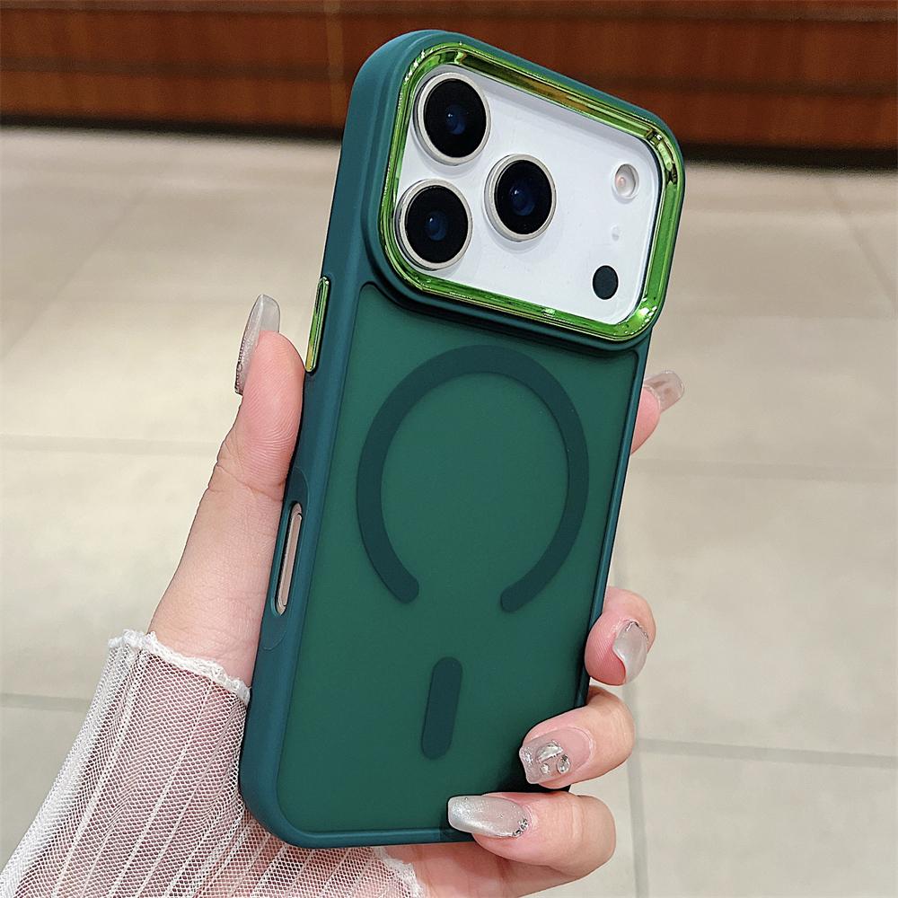 

Матовый Магнитный для Magsafe Прочный Чехол для iPhone 17 Air 16 E 15 Plus 14 Pro Max 13 12 Беспроводная Зарядка Металлическая Рамка для Линзы Защитная Крышка iPhone 15 темно-зеленого