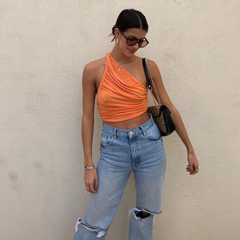 Summer Soild Color Slim One Shoulder Crop Top Pleated Vest Short Shirring Ladies Short Tank Top