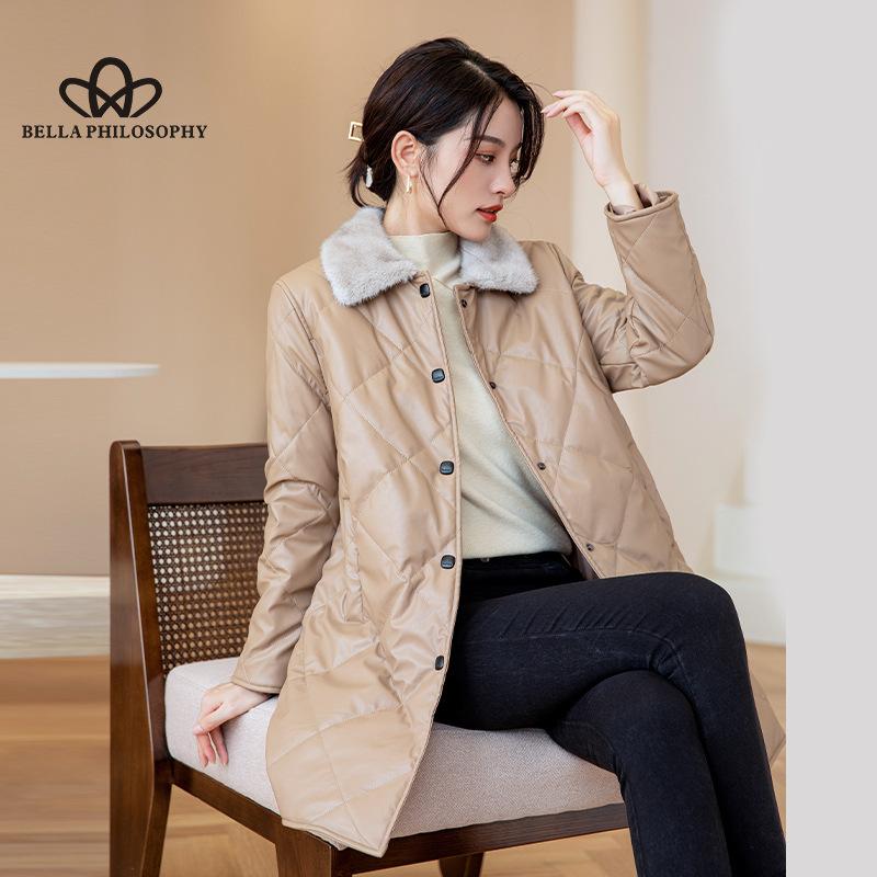 Podzim Zima Středně dlouhý dámský bavlněný kožený kabát Umělá norková klopa zesílený dámský kabát velkých velikostí