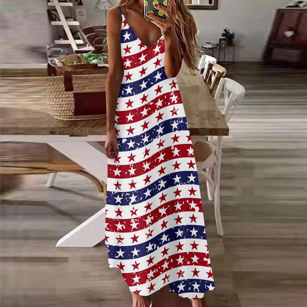 Women's Loose Independence Day Casual Slim V-neck Color Imitation Cotton Fashion Overalls Skirt