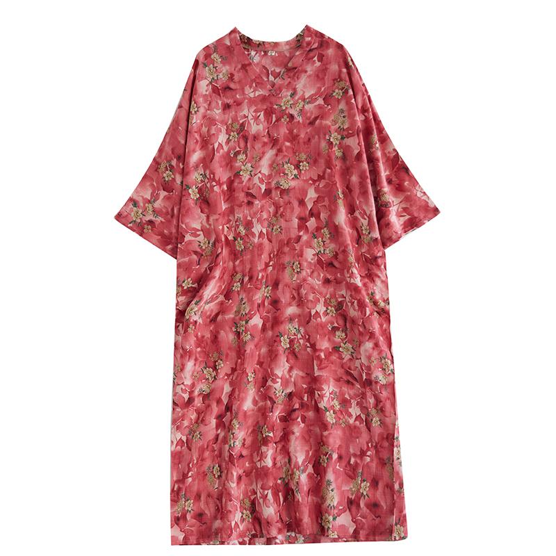 Dimanaf 2025 Women Plus Size Spring Long Basic Dress V-Neck Casual Vintage Dress Loose Floral Dress Maxi
