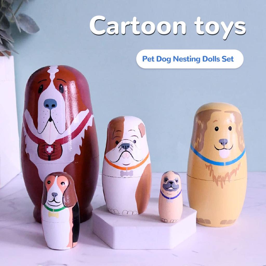 5Pcs Wooden Cute Dog Russian Nesting Doll Toys Handmade Wooden Cute Dog Matryoshka Doll Set for Kids Christmas Birthday Wish Gift
