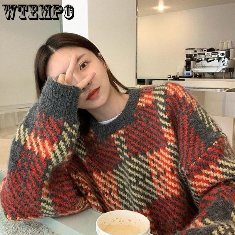 WTEMPO Soft Women's Autumn and Winter  New Plaid Retro Y2K Loose Lazy High-end Sense of Temperament Sweaters