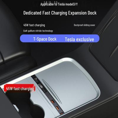 Tesla Model 3/Y Dustproof Dock with Sliding Cover, 45W Fast Charge Gallium Nitride.