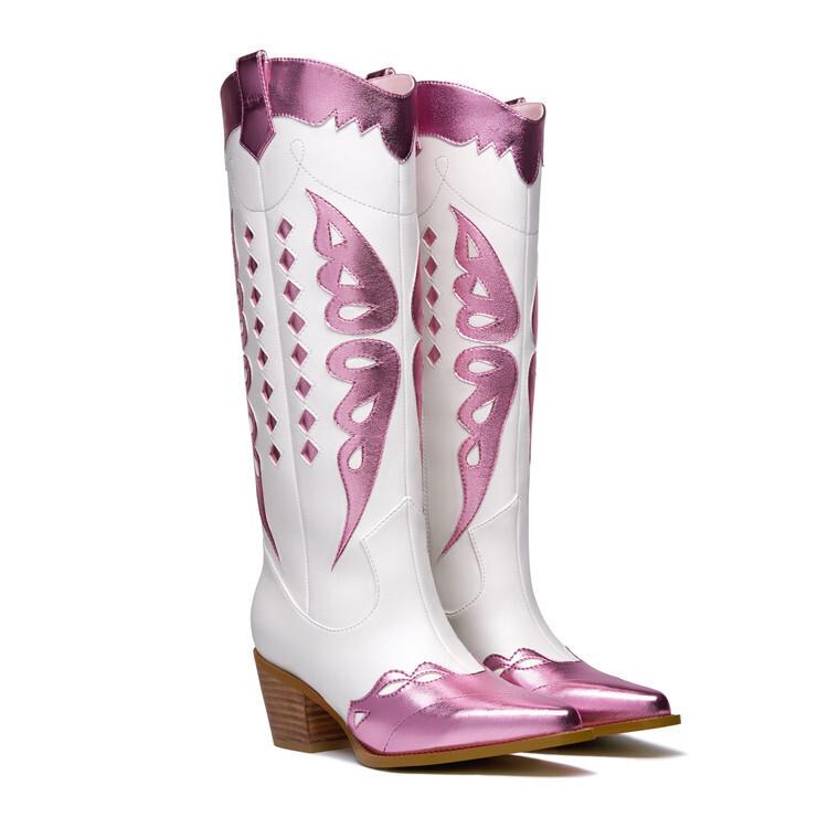 European and American new thick heel pointed head color matching embroidered western boots V mouth but knee high heel sleeve western boots women