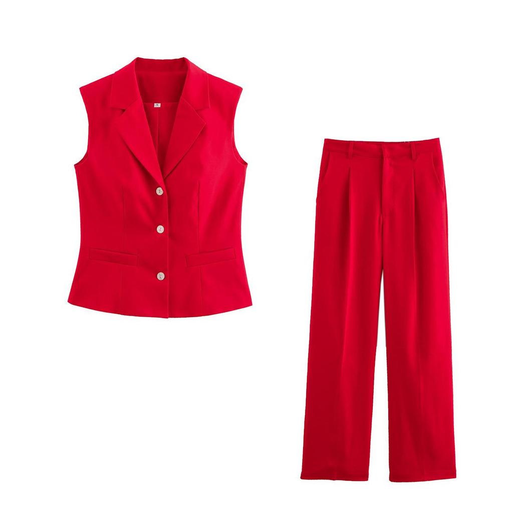 2025 Spring Women's European & American Style Red Suit Vest and Long Pants Set