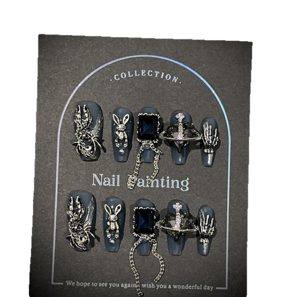 Medium Coffin Press On Nails Square Fake Nails French Tip Glue On Nail with 3D Designs Reusable False Acrylic Nails Full Cover Stick On Nail for Women