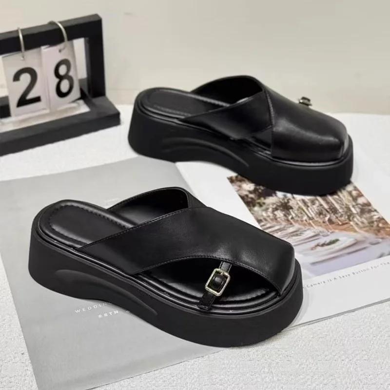 

Модные женские шлепанцы на платформе, с закрытым носком, с ремешком на одной линии, с круглым носком, женская обувь для платья, для отдыха, в римском стиле, летние, zapatillas de mujer 40 чёрный