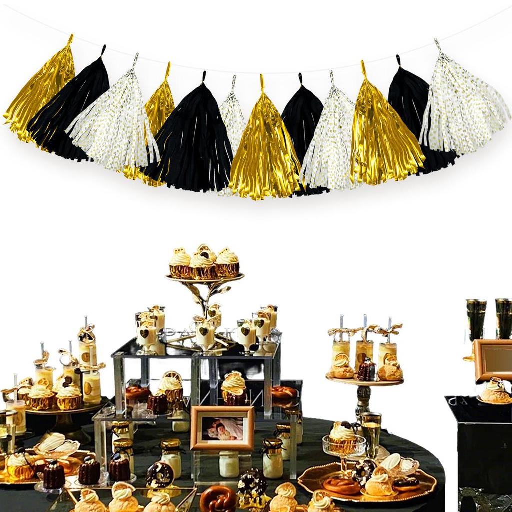 Black, Gold & White Three-Color Tassel Strands - 12 Pcs Aluminum Foil Streamers for DIY Decoration