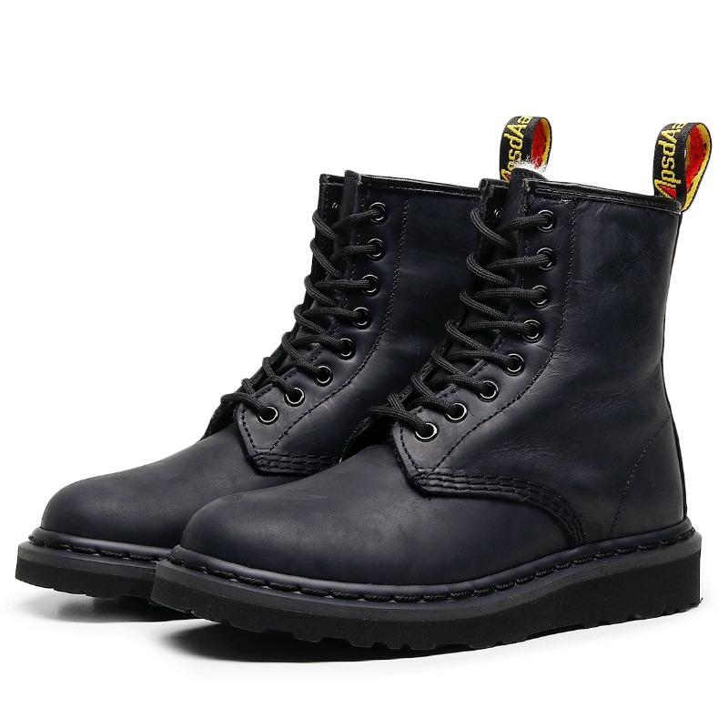 Real Wool First Layer Crazy Horse Black High-top Locomotive Boots Women's Classic Short Boots Men's and Women's Leather Boots Round Head Trend