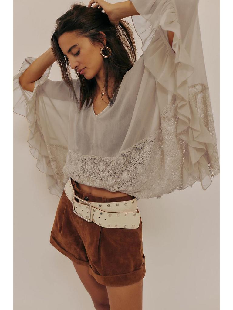 Women's Batwing Sleeve Mesh Cover-up: Spring/Summer Loose Beach Top with Lace Patchwork and Sun Protection.