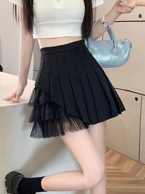 Irregular Mesh Stitching Pleated Skirt Sweet Fashion High-Waisted Mini Skirt Korean Solid Color Hottie Preppy Style