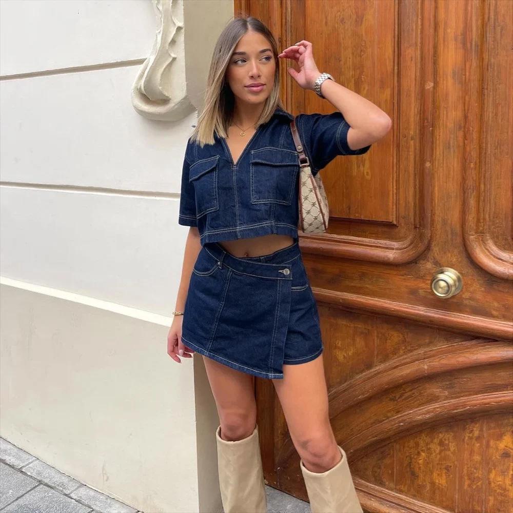 Doppelreihiger V-Ausschnitt Pullover Denim Top & Hochtaillierter Denim Rock Set
