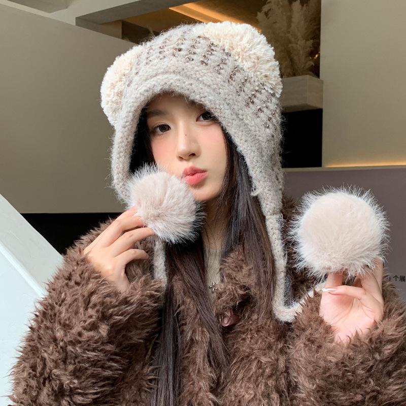 

Зимняя шапка для девочки, милая плюшевая шапка с медведем, ветрозащитная и теплая, цельная шапка с помпоном, холодостойкая вязаная шапка One Size