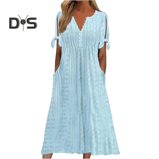Women's Summer Maxi Dress Boho Eyelet Button V Neck Tie Knot Short Sleeve Midi Dress Summer Beach Vacation Sundress