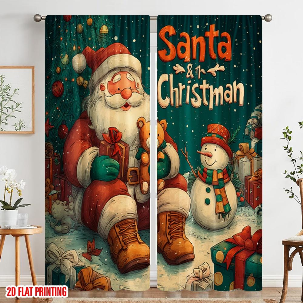 2pcs,2D plane printing Curtain Popular Santa Claus and the Snowman Versatile Polyester Fabric (without rod) Gifts Use for