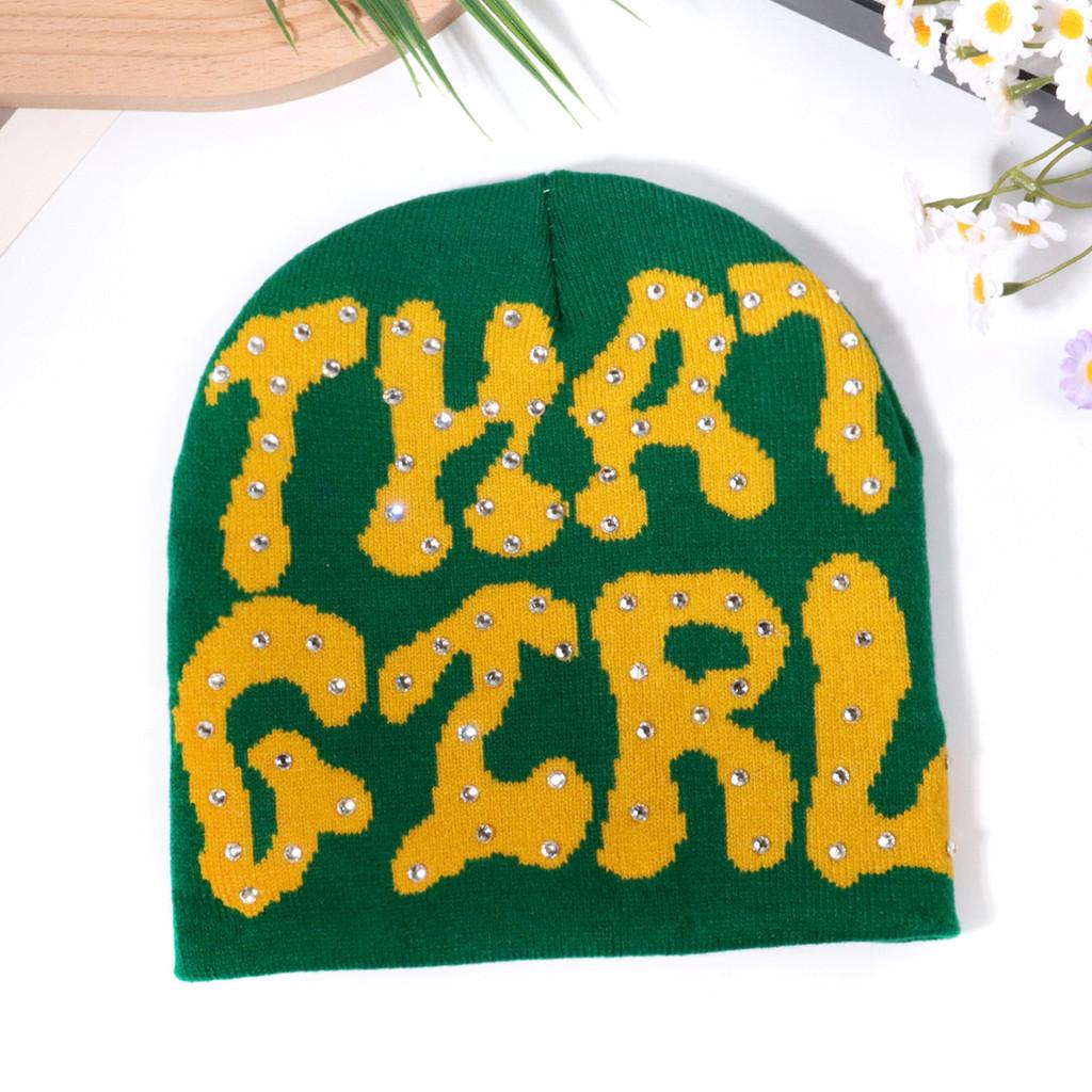 Fashion Pattern Letter Rhinestone Decoration Women Casual Warm Knitted Hat