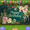 2D Elegant Green Floral Birthday Backdrop with Pink Flowers Photography Background