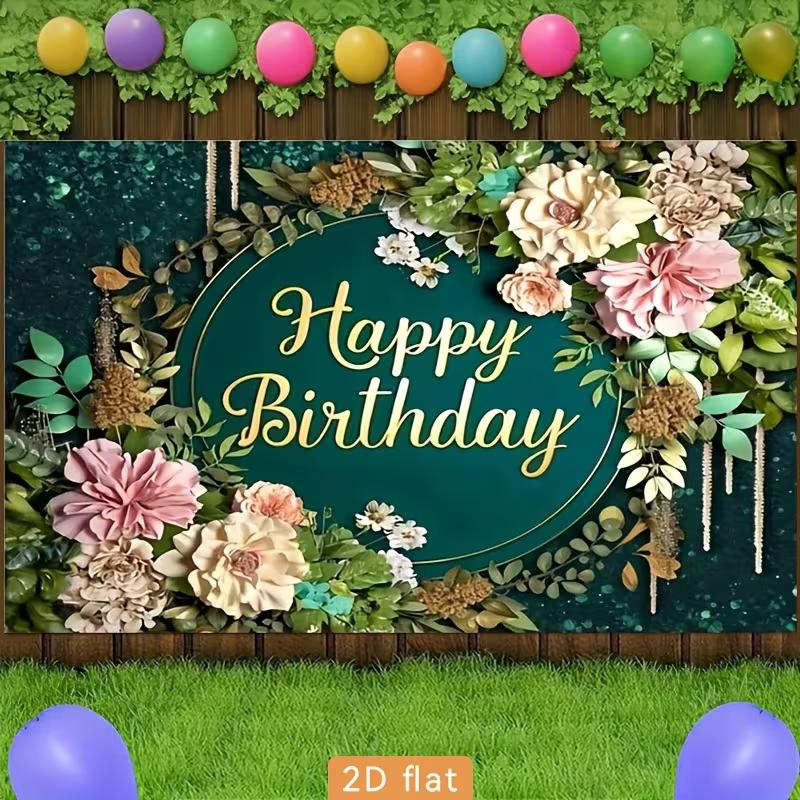 2D Elegant Green Floral Birthday Backdrop with Pink Flowers Photography Background
